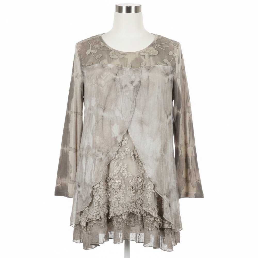 Feratelli Tie Dye Lace Trim Tunic Top Gray Long Sleeve Layered Boho Fairy Core L